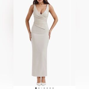 House of CB Laria Pleated Faux Leather Cocktail Cream Maxi Dress
